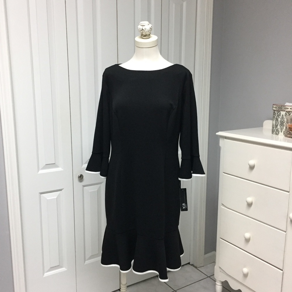 AGB Black Long Sleeve Ruffle Hem Dress with White Trim